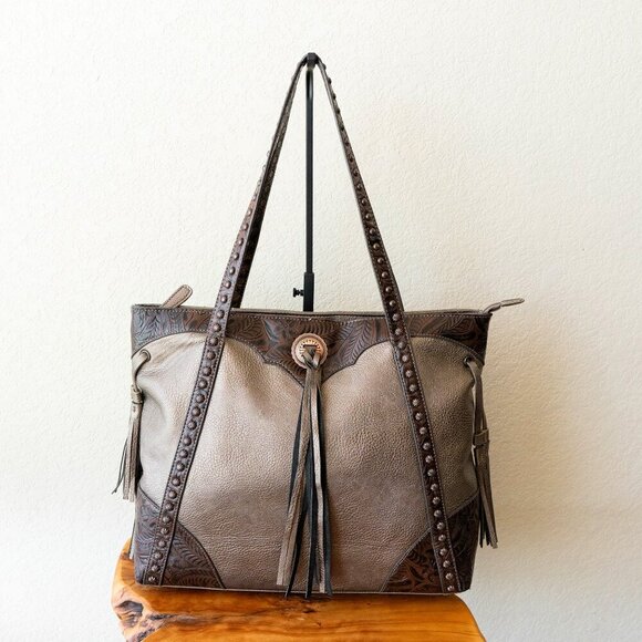 American West Bandana Tote Bronze Tooled Leather Tassels Studded Western - Picture 1 of 11